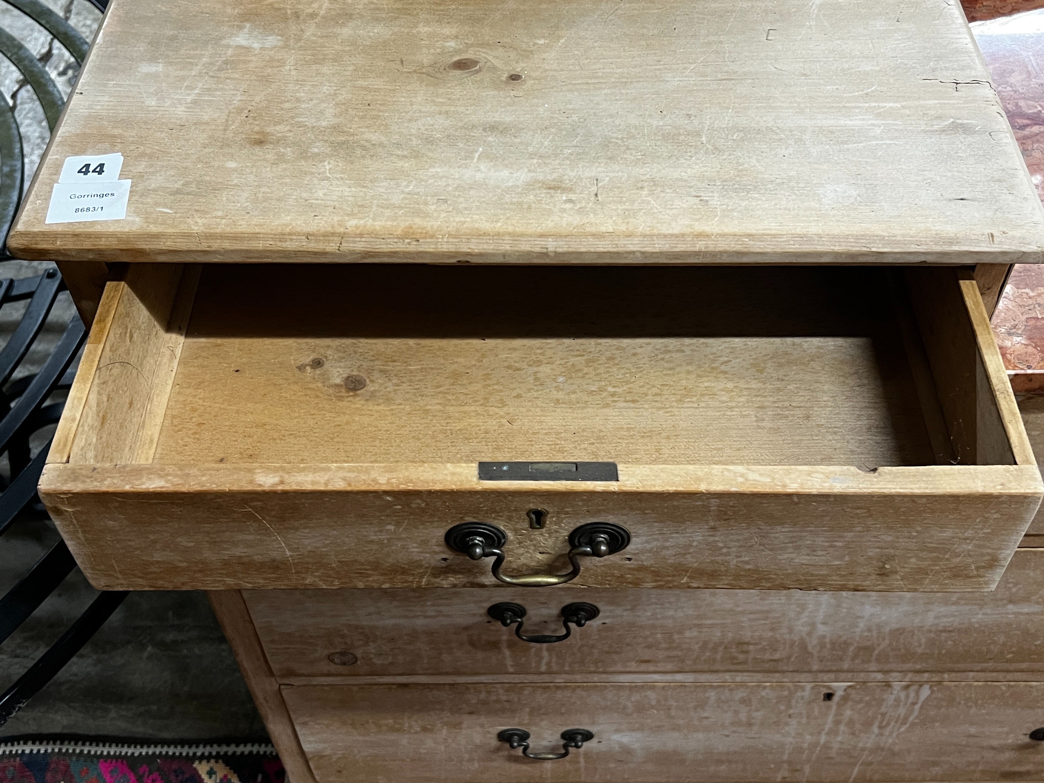 A late Victorian part marble topped four drawer pine dressing chest, width 102cm, depth 48cm, height 146cm